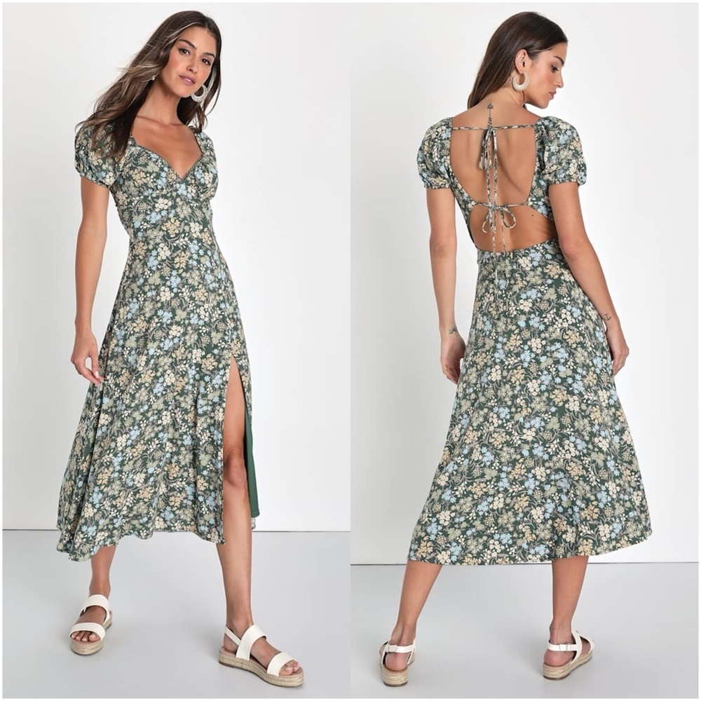 LULUโS Meadow Muse Green Floral Tie-Back Puff Sleeve Midi Dress
